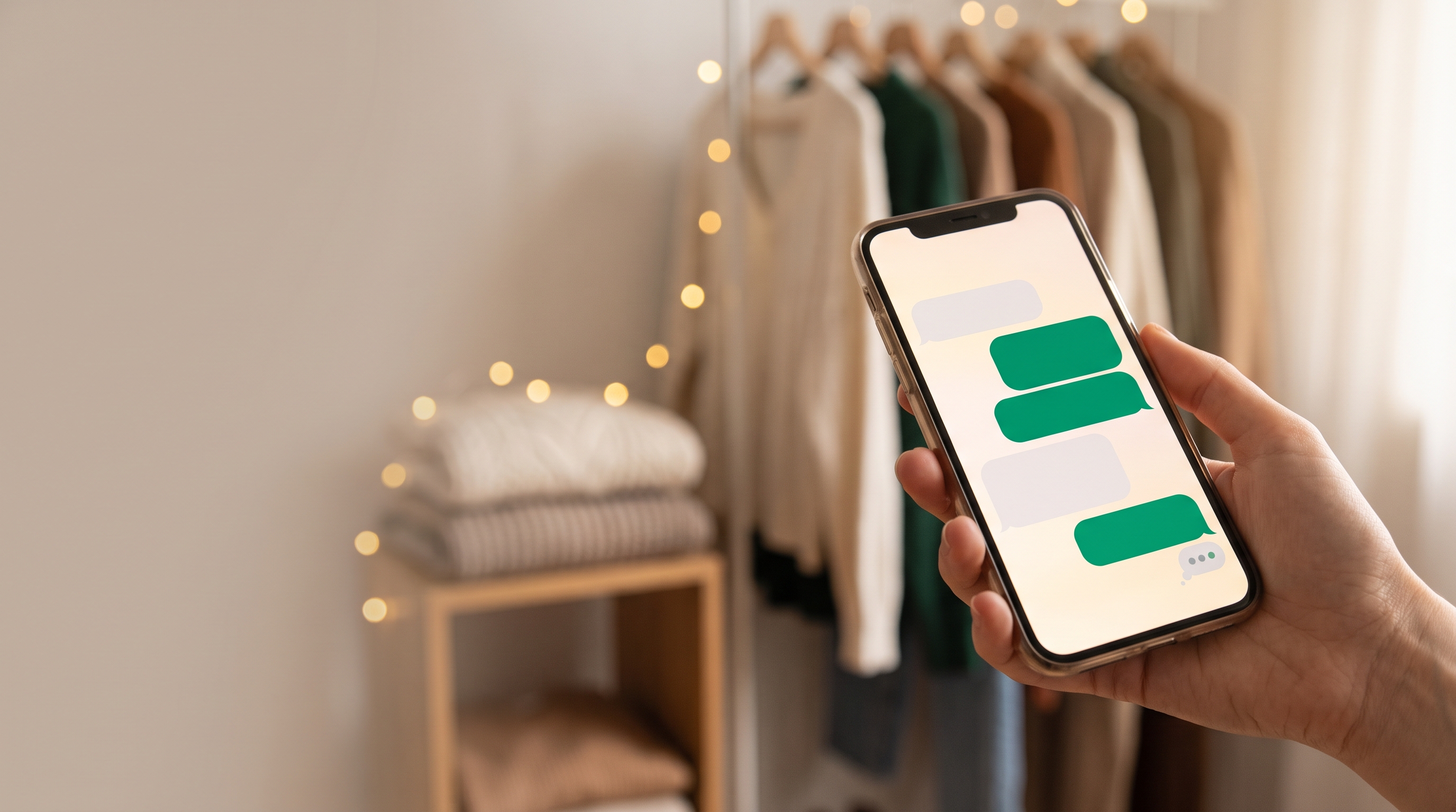 Elinde telefon tutan bir kişi, ekranda sıcak tonlarda yeşil sohbet baloncukları